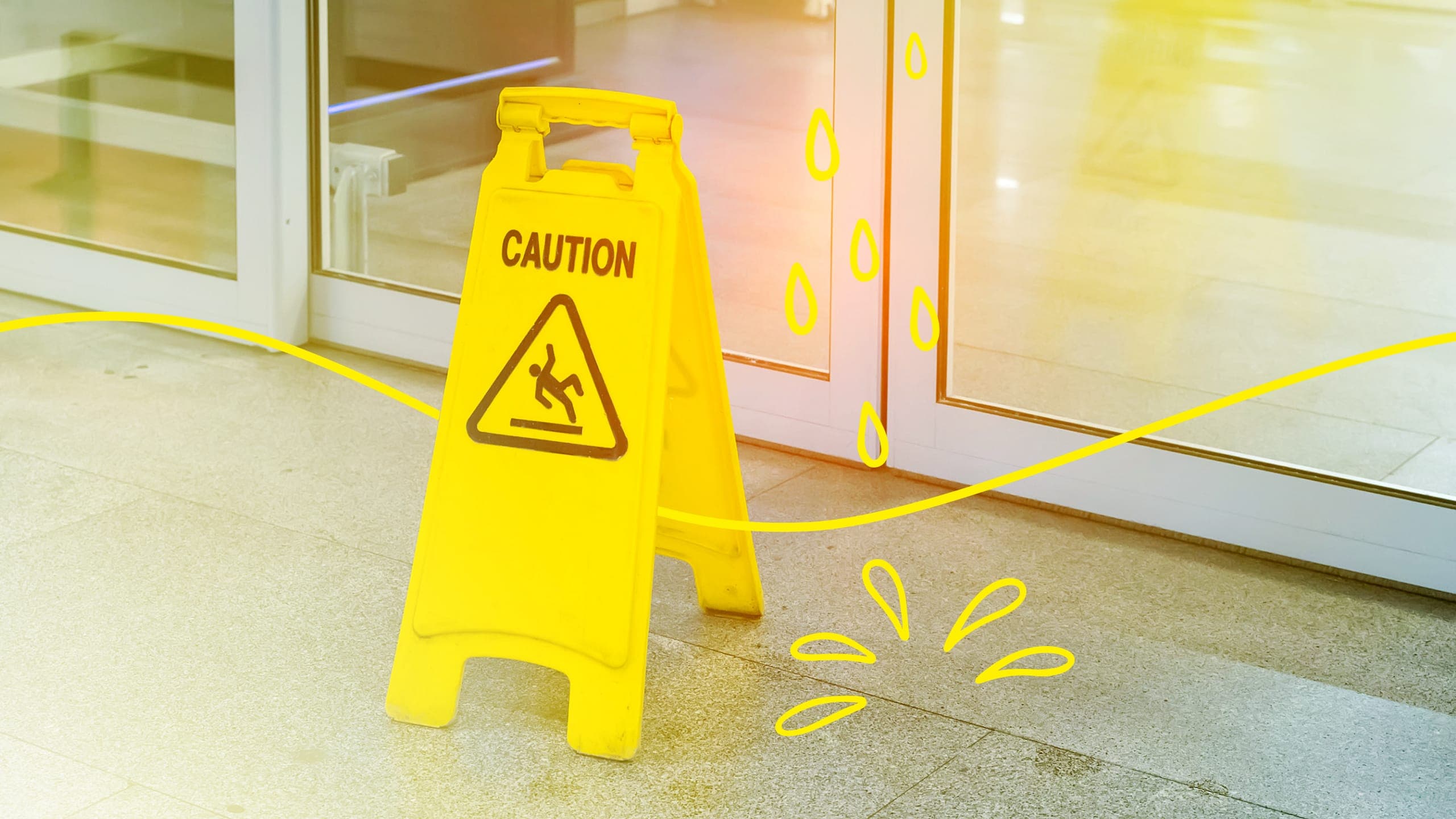 A yellow caution sign at the entrance to a building