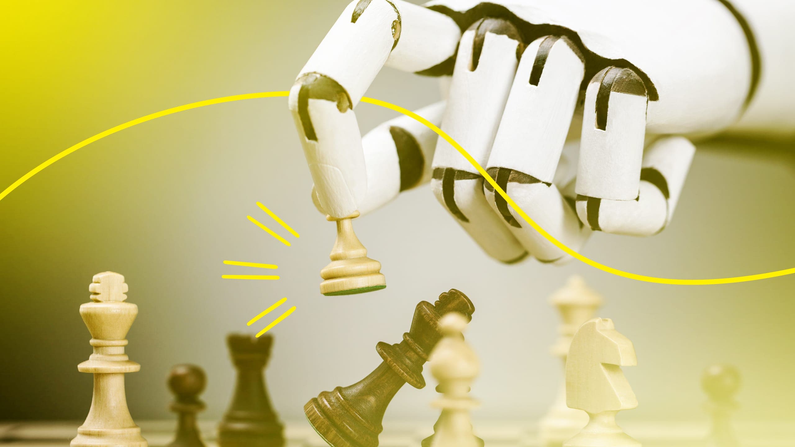 A robot's hand playing chess and defeating the Queen with a pawn.
