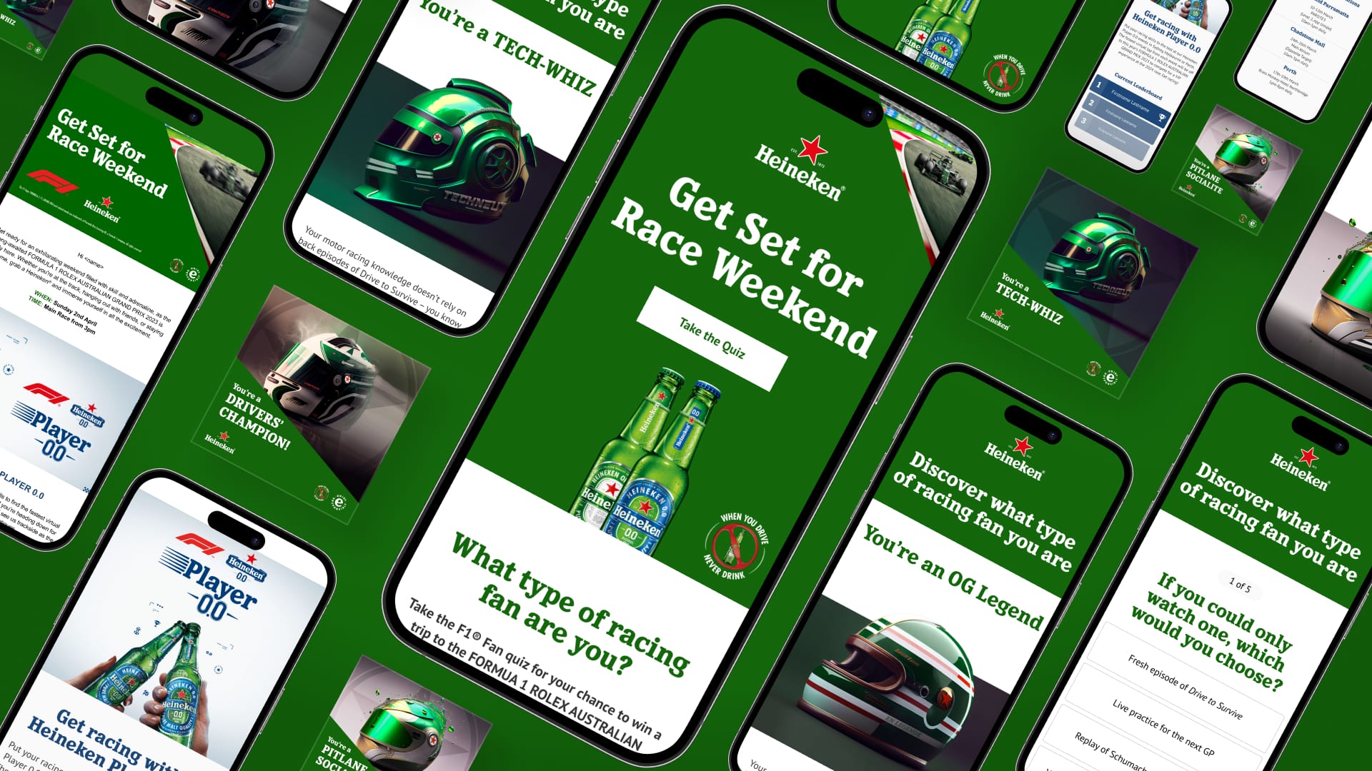 Flat-lay images of the mobile-first digital work that Affinity completed for Heineken and their F1 partnership in 2023